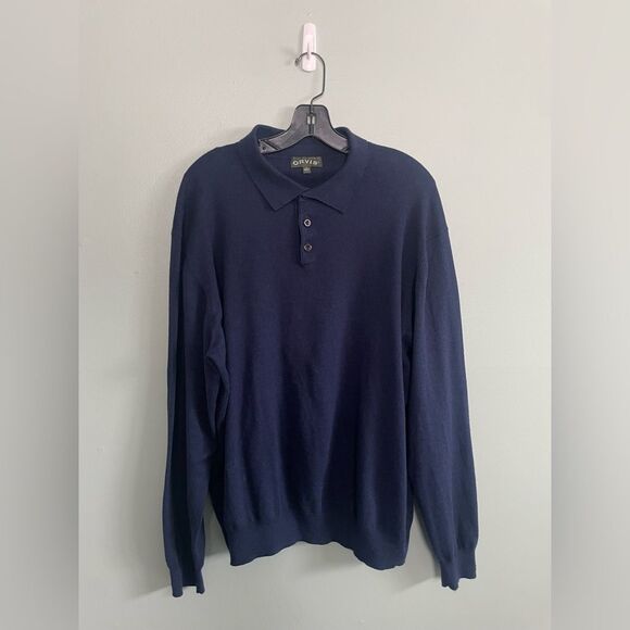 Orvis Sweater Mens Large Blue Cashmere Silk Outdoor Polo Sweatshirt SZ XL - Picture 1 of 5